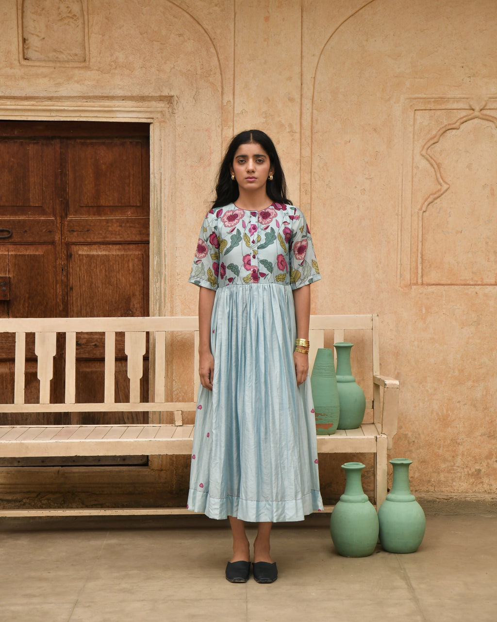 Blue Printed Midi Dress at Kamakhyaa by Taro. This item is Azo Free Dyes, Beads, Beads work, Blue, Chanderi Silk, Garden Of Dreams, July Sale, July Sale 2023, Midi Dresses, Office Wear, Prints, Regular Fit, Womenswear