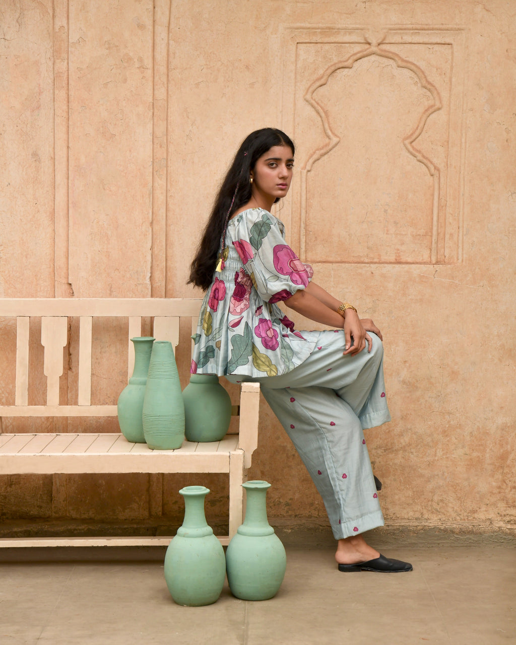 Blue Printed Pant at Kamakhyaa by Taro. This item is Azo Free Dyes, Best Selling, Blue, Casual Wear, Chanderi Silk, Garden Of Dreams, July Sale, July Sale 2023, Pants, Prints, Regular Fit, Womenswear