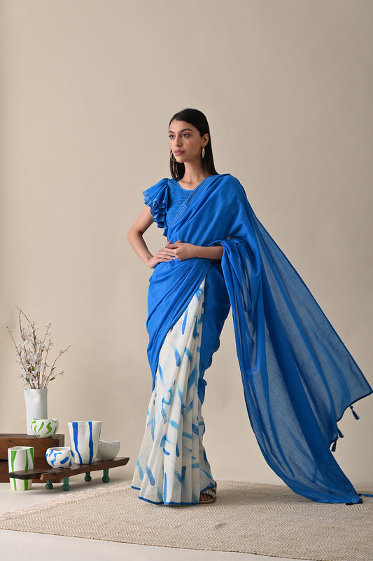Blue Printed Saree at Kamakhyaa by Kanelle. This item is Blue, Festive Wear, July Sale, Life in Colours, Mulmul, Natural with azo dyes, Prints, Regular Fit, Sarees, Womenswear