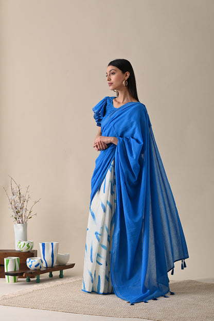 Blue Printed Saree at Kamakhyaa by Kanelle. This item is Blue, Festive Wear, July Sale, Life in Colours, Mulmul, Natural with azo dyes, Prints, Regular Fit, Sarees, Womenswear