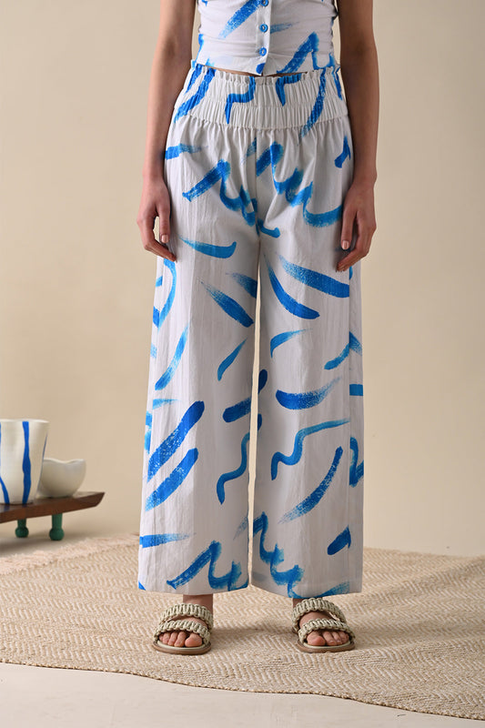 Blue Printed Trouser at Kamakhyaa by Kanelle. This item is 100% Cotton, Casual Wear, July Sale, Life in Colours, Natural with azo dyes, Prints, Regular Fit, Trousers, White, Womenswear