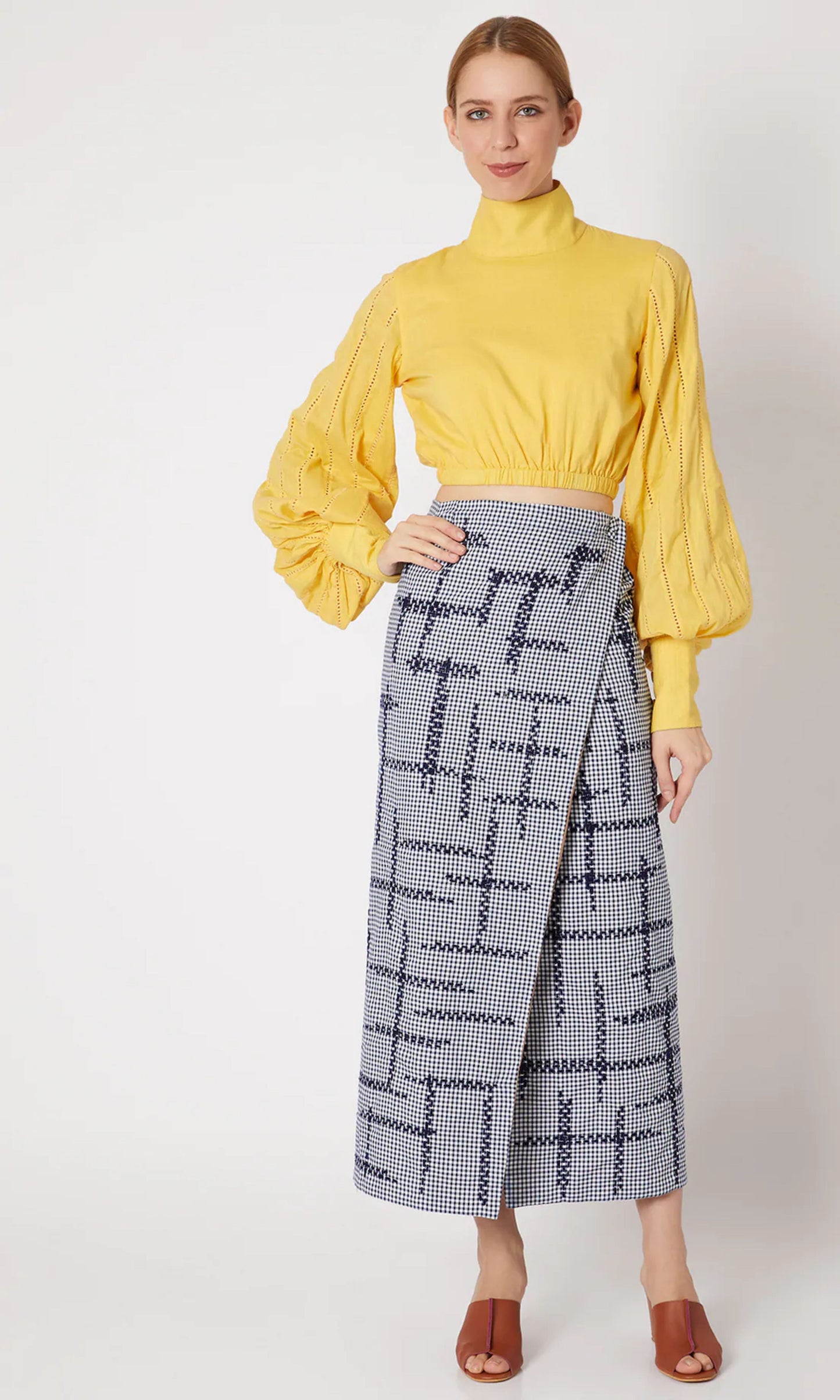 Blue Reversible Wrap Skirt at Kamakhyaa by Chambray & Co.. This item is Blue, Brown, Casual Wear, Checks, Cotton, Midi Skirts, Natural, Regular Fit, Reversible, Skirts, Tencel, White, Womenswear