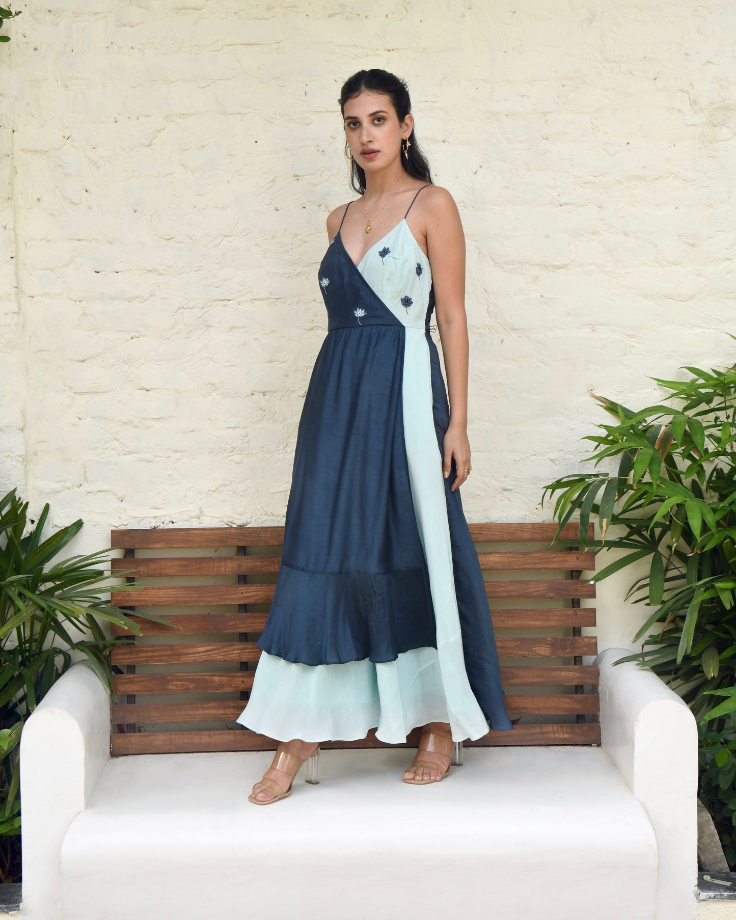 Blue SIlk Embroidered Dress at Kamakhyaa by Taro. This item is Best Selling, Blue, Dusk To Dawn, Embroidered, Evening Wear, FB ADS JUNE, For Daughter, July Sale, July Sale 2023, Maxi Dresses, Modal silk, Natural, Regular Fit, Silk, Sleeveless Dresses, Womenswear