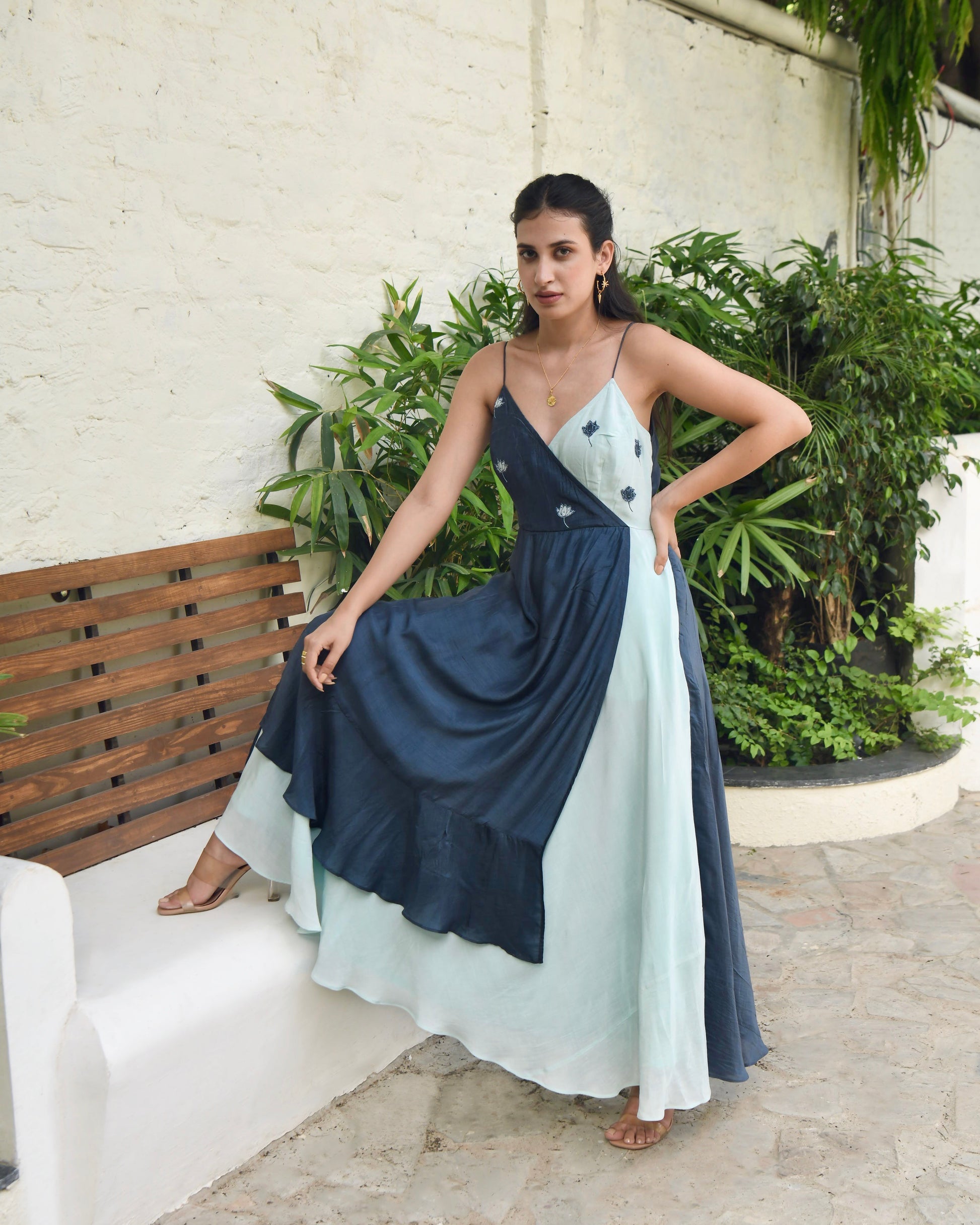 Blue SIlk Embroidered Dress at Kamakhyaa by Taro. This item is Best Selling, Blue, Dusk To Dawn, Embroidered, Evening Wear, FB ADS JUNE, For Daughter, July Sale, July Sale 2023, Maxi Dresses, Modal silk, Natural, Regular Fit, Silk, Sleeveless Dresses, Womenswear
