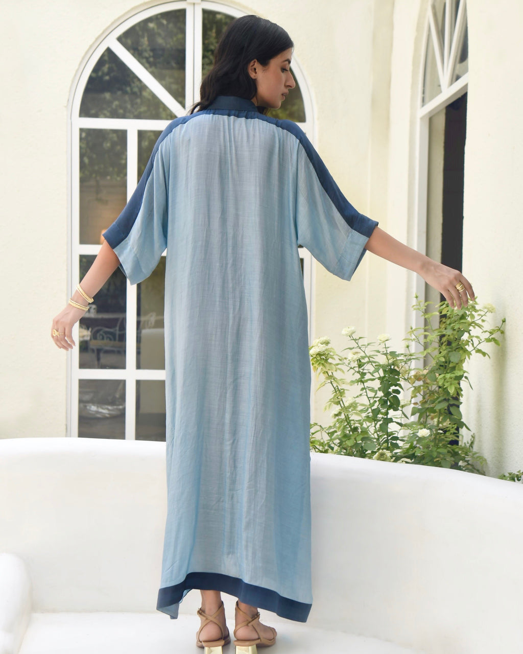 Blue SIlk Embroidered Kaftan at Kamakhyaa by Taro. This item is Blue, Dusk To Dawn, Evening Wear, July Sale, July Sale 2023, Kaftans, Maxi Dresses, Modal silk, Natural, Regular Fit, Silk, Womenswear