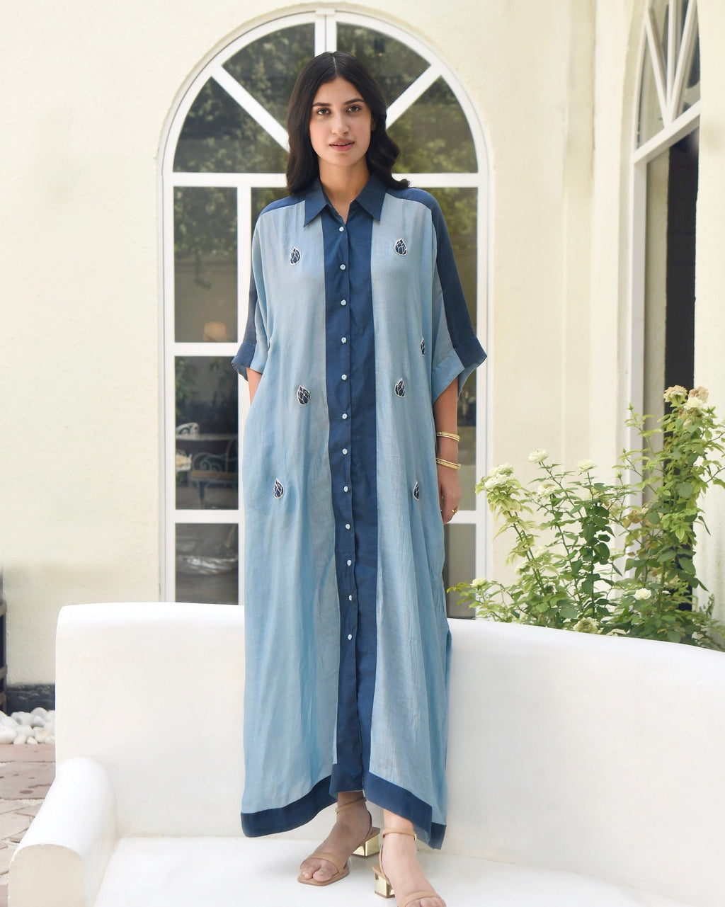 Blue SIlk Embroidered Kaftan at Kamakhyaa by Taro. This item is Blue, Dusk To Dawn, Evening Wear, July Sale, July Sale 2023, Kaftans, Maxi Dresses, Modal silk, Natural, Regular Fit, Silk, Womenswear