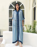 Blue SIlk Embroidered Kaftan at Kamakhyaa by Taro. This item is Blue, Dusk To Dawn, Evening Wear, July Sale, July Sale 2023, Kaftans, Maxi Dresses, Modal silk, Natural, Regular Fit, Silk, Womenswear