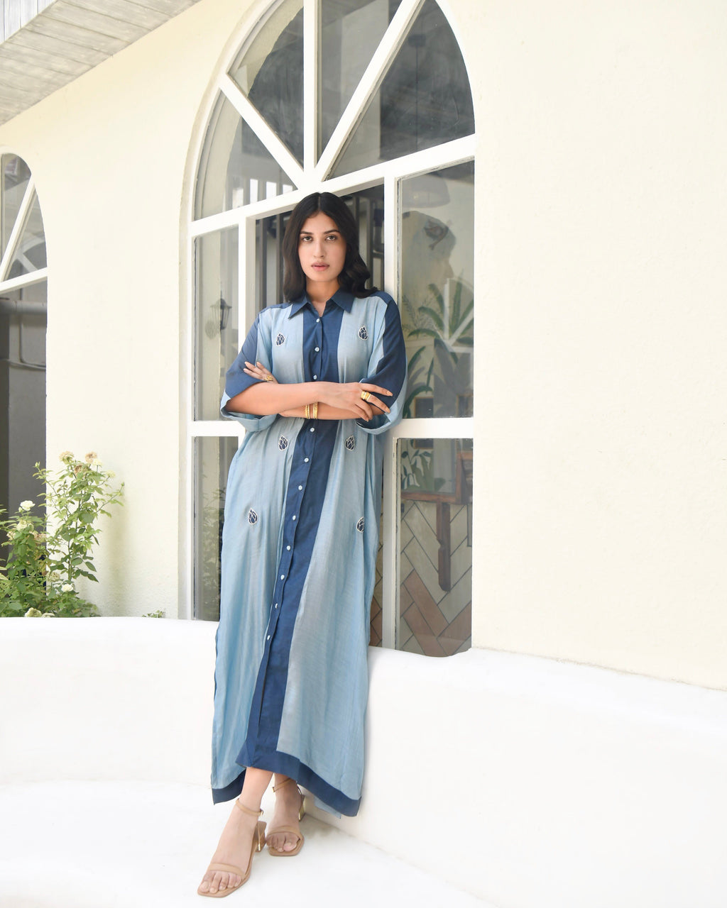 Blue SIlk Embroidered Kaftan at Kamakhyaa by Taro. This item is Blue, Dusk To Dawn, Evening Wear, July Sale, July Sale 2023, Kaftans, Maxi Dresses, Modal silk, Natural, Regular Fit, Silk, Womenswear