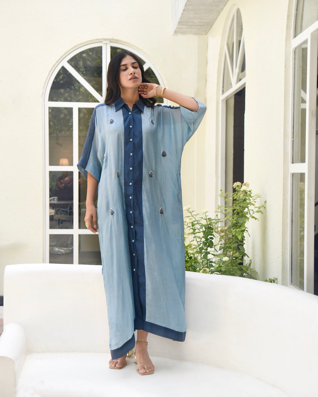 Blue SIlk Embroidered Kaftan at Kamakhyaa by Taro. This item is Blue, Dusk To Dawn, Evening Wear, July Sale, July Sale 2023, Kaftans, Maxi Dresses, Modal silk, Natural, Regular Fit, Silk, Womenswear