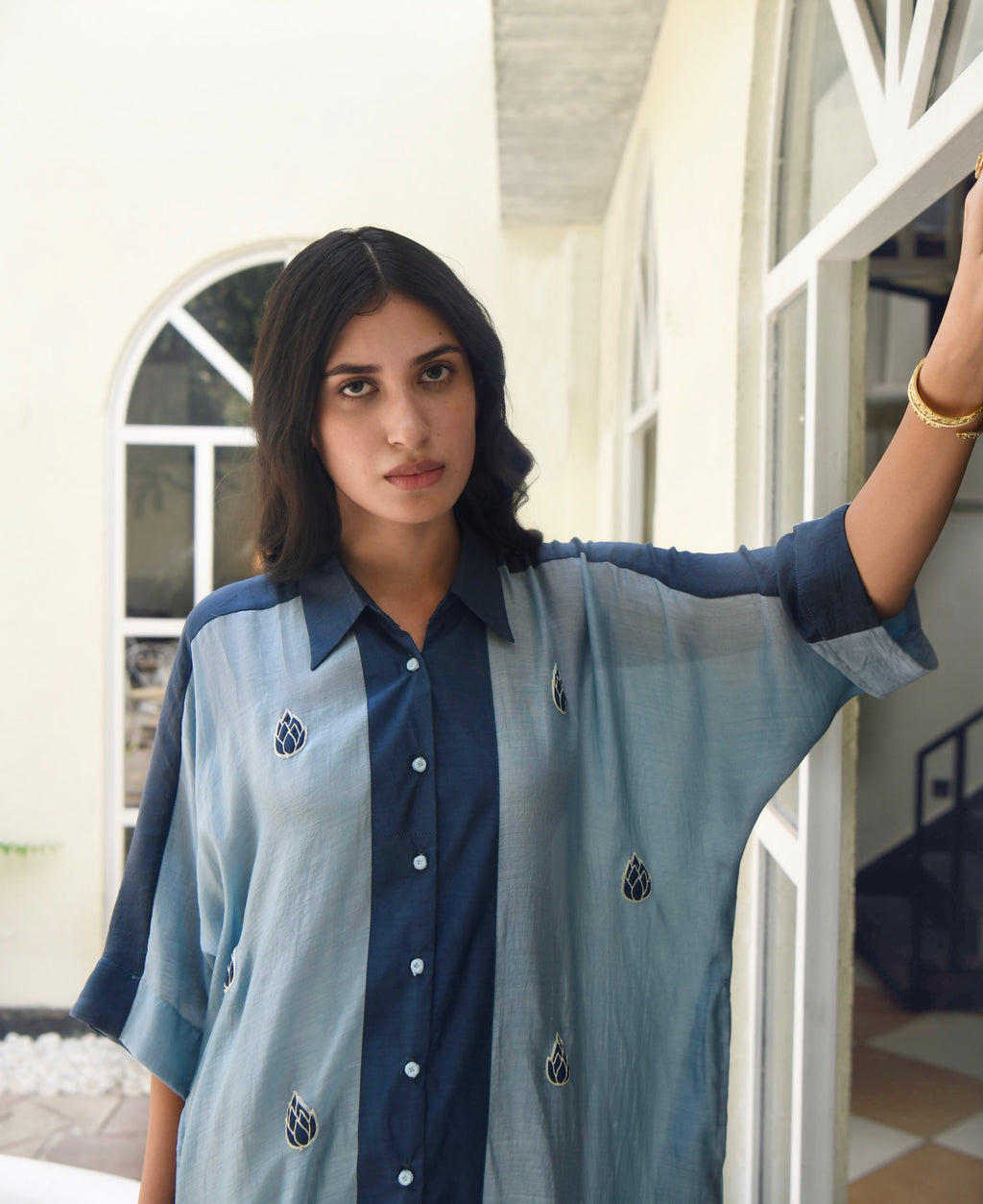 Blue SIlk Embroidered Kaftan at Kamakhyaa by Taro. This item is Blue, Dusk To Dawn, Evening Wear, July Sale, July Sale 2023, Kaftans, Maxi Dresses, Modal silk, Natural, Regular Fit, Silk, Womenswear