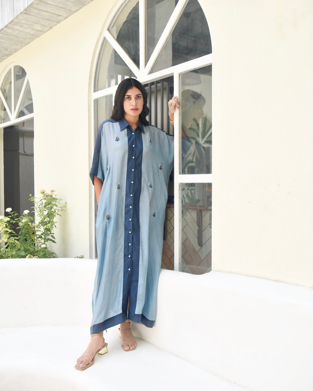 Blue SIlk Embroidered Kaftan at Kamakhyaa by Taro. This item is Blue, Dusk To Dawn, Evening Wear, July Sale, July Sale 2023, Kaftans, Maxi Dresses, Modal silk, Natural, Regular Fit, Silk, Womenswear