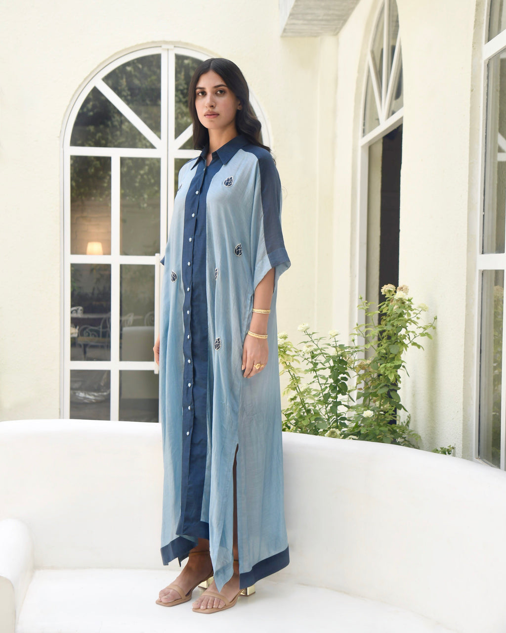 Blue SIlk Embroidered Kaftan at Kamakhyaa by Taro. This item is Blue, Dusk To Dawn, Evening Wear, July Sale, July Sale 2023, Kaftans, Maxi Dresses, Modal silk, Natural, Regular Fit, Silk, Womenswear