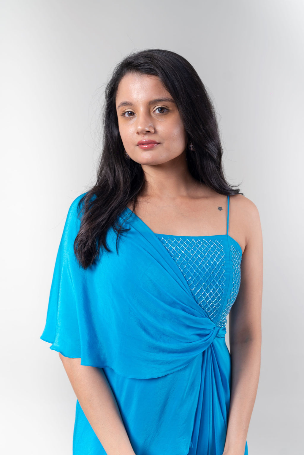 Blue Satin One Shoulder Gown at Kamakhyaa by Ewoke. This item is Bemberg chiffon, Blue, Ewoke, Maxi Dresses, Natural, Party Wear, Relaxed Fit, Solids, Womenswear