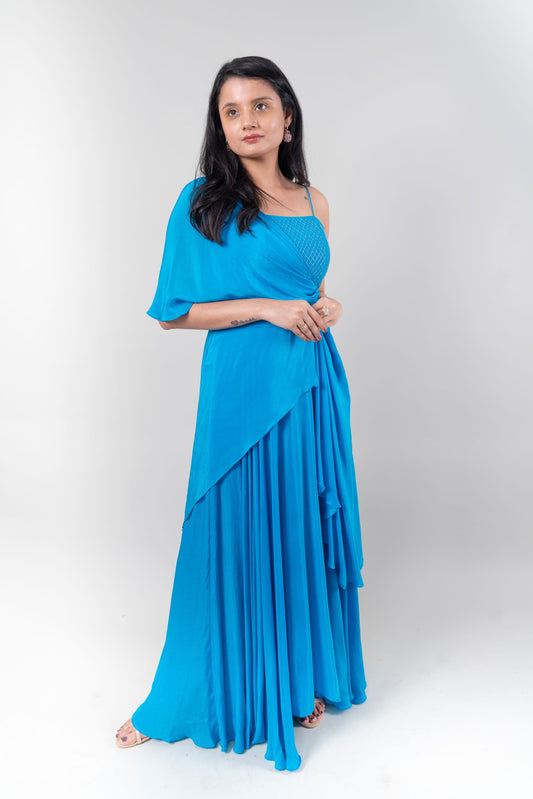 Blue Satin One Shoulder Gown at Kamakhyaa by Ewoke. This item is Bemberg chiffon, Blue, Ewoke, Maxi Dresses, Natural, Party Wear, Relaxed Fit, Solids, Womenswear