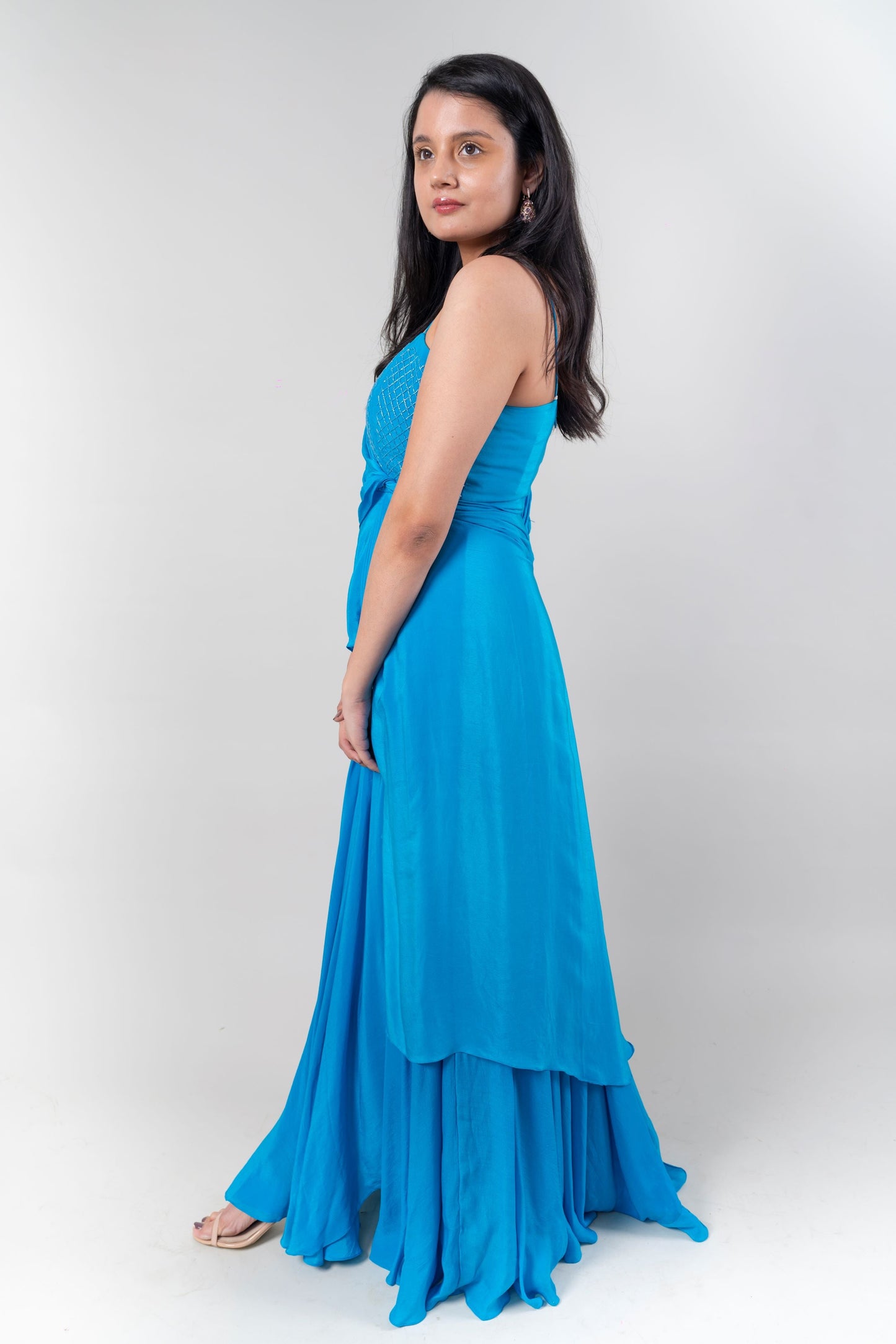 Blue Satin One Shoulder Gown at Kamakhyaa by Ewoke. This item is Bemberg chiffon, Blue, Ewoke, Maxi Dresses, Natural, Party Wear, Relaxed Fit, Solids, Womenswear