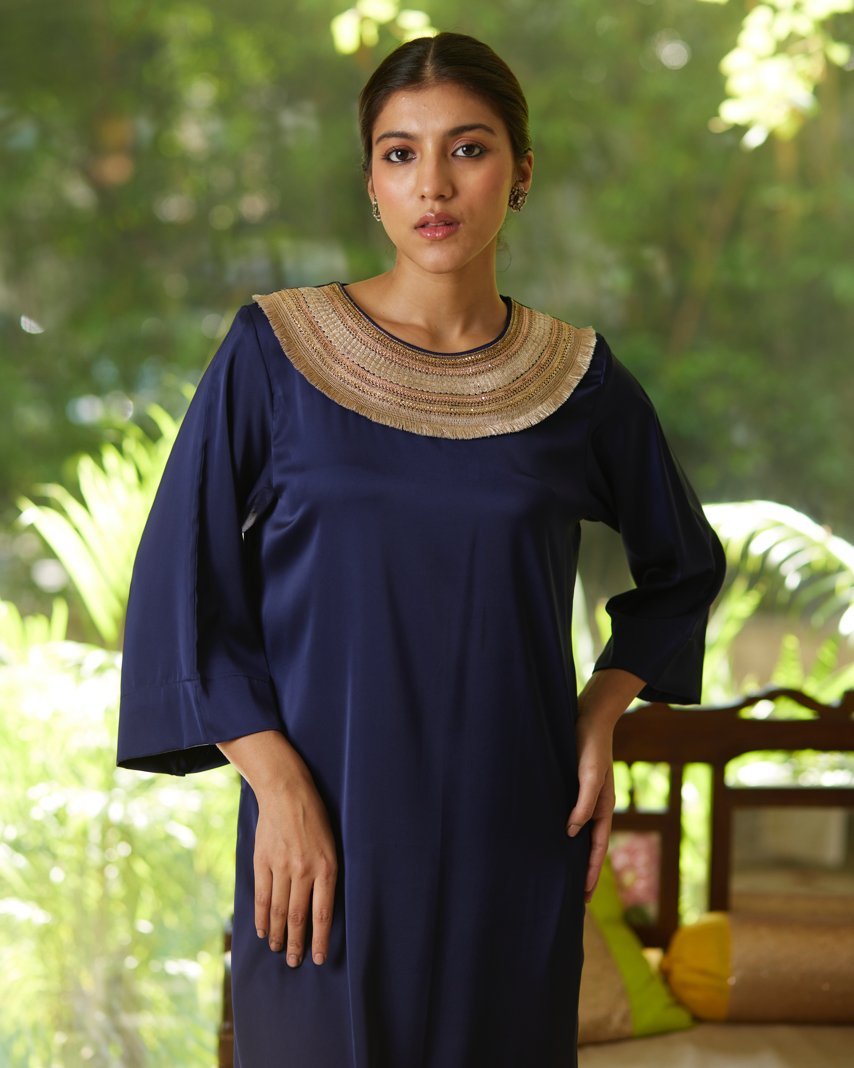 Blue Satin Silk Kurta Set at Kamakhyaa by Mayura Kumar. This item is Blue, Casual Wear, Festive Wear, Kurta Pant Sets, Mayura Kumar, Regular Fit, Satin, Silk, Solids, Timeless Elegance, Womenswear