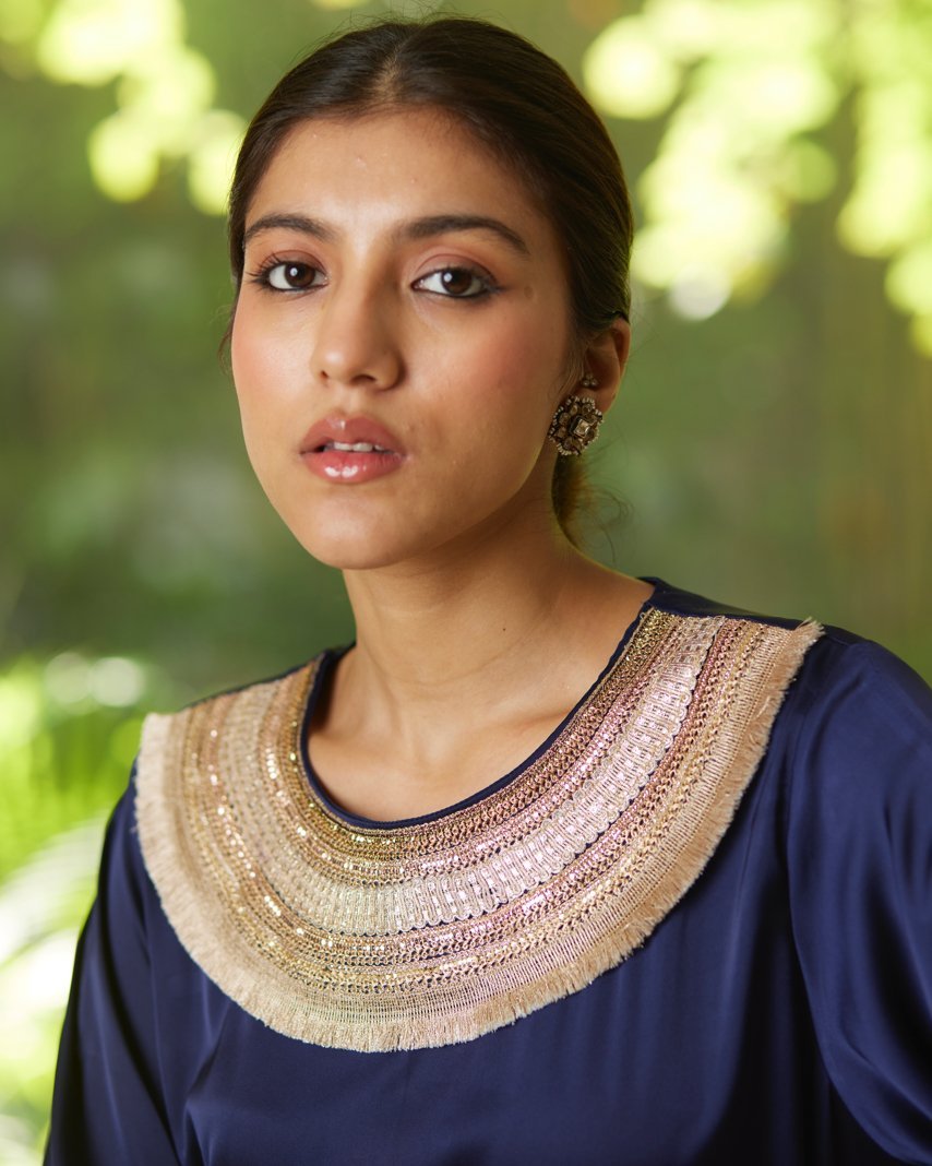Blue Satin Silk Kurta Set at Kamakhyaa by Mayura Kumar. This item is Blue, Casual Wear, Festive Wear, Kurta Pant Sets, Mayura Kumar, Regular Fit, Satin, Silk, Solids, Timeless Elegance, Womenswear