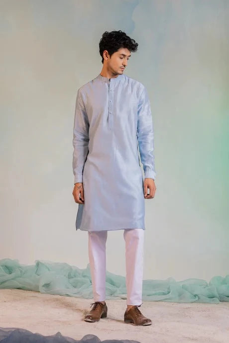 Blue Sequin Work Kurta Pant Set at Kamakhyaa by Charkhee. This item is Aasmaa, Blue, Chanderi, Cotton, Embellished, For Him, Kurta Pant Sets, Mens Co-ords, Menswear, Natural, Relaxed Fit, Sequin work, Wedding Gifts, Wedding Wear