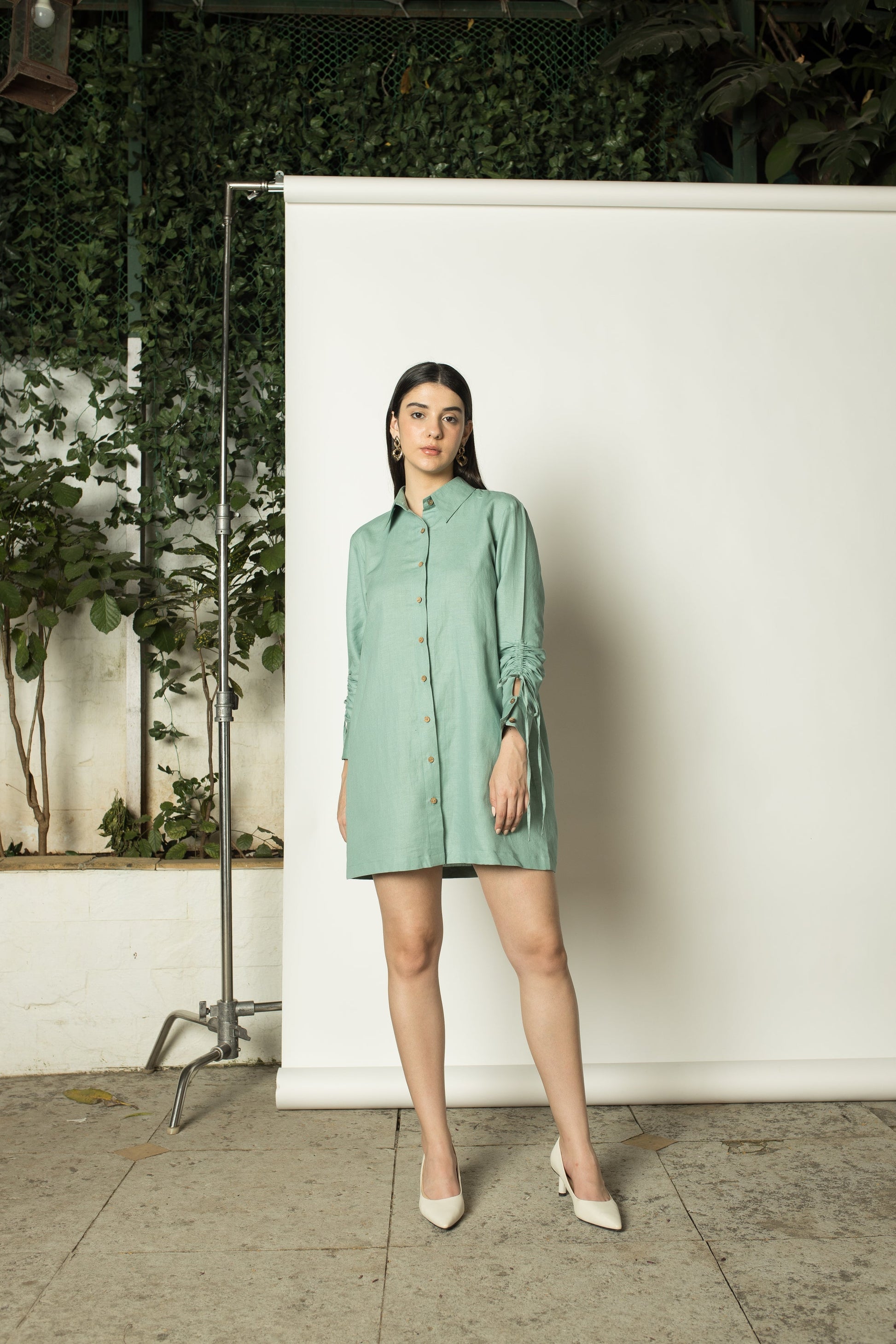 Blue Shirt Dress with Ruched Sleeves at Kamakhyaa by Anushé Pirani. This item is Cotton Hemp, Dresses, Green, Mini Dresses, Nostalgic Whispers, Shirt Dresses, solid, Womenswear