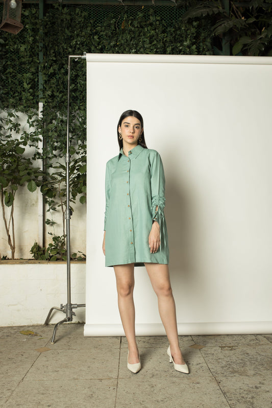 Blue Shirt Dress with Ruched Sleeves at Kamakhyaa by Anushé Pirani. This item is Cotton Hemp, Dresses, Green, Mini Dresses, Nostalgic Whispers, Shirt Dresses, solid, Womenswear