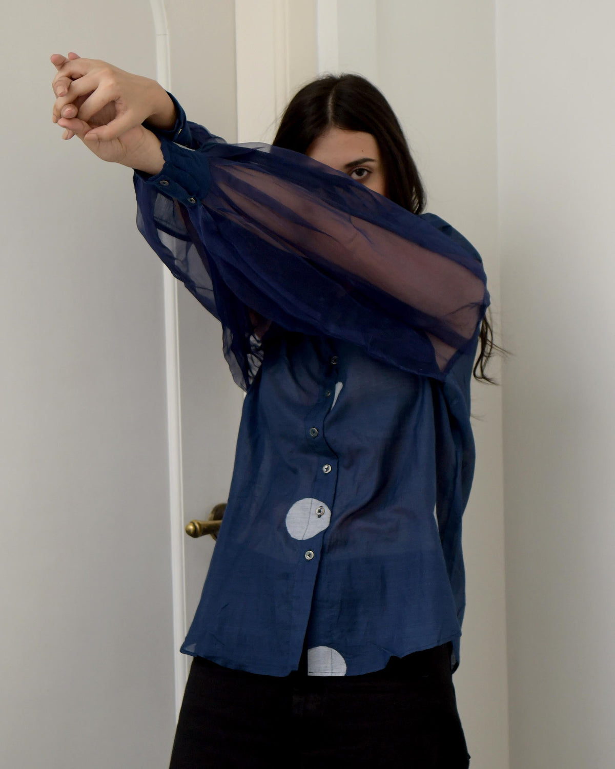 Blue Shirt at Kamakhyaa by Taro. This item is Blue, Duplicate, Evening Wear, Handwoven silk, July Sale, July Sale 2023, Natural, Regular Fit, Shirts, Tops, Wildflower Taro, Womenswear