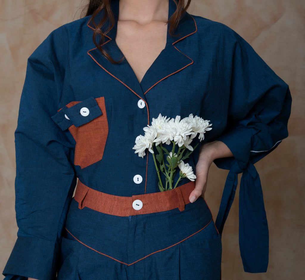 Blue Shirt with shell tucks collar at Kamakhyaa by Anushé Pirani. This item is Blue, Embroidered, Handwoven Cotton, July Sale, July Sale 2023, Natural, Ocean of Stories, Office Wear, Regular Fit, sale anushe pirani, Shirts, Tops, Womenswear