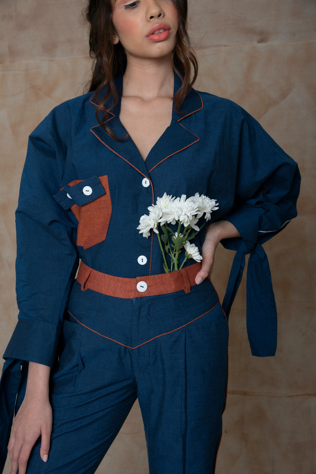 Blue Shirt with shell tucks collar at Kamakhyaa by Anushé Pirani. This item is Blue, Embroidered, Handwoven Cotton, July Sale, July Sale 2023, Natural, Ocean of Stories, Office Wear, Regular Fit, sale anushe pirani, Shirts, Tops, Womenswear
