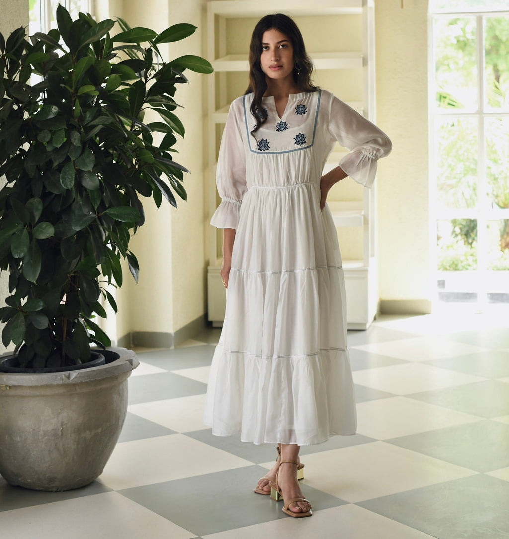 Blue Silk Embroidered Tiered Dress at Kamakhyaa by Taro. This item is Best Selling, Dusk To Dawn, Embroidered, Evening Wear, FB ADS JUNE, For Anniversary, July Sale, July Sale 2023, Modal silk, Natural, Regular Fit, Silk, Tiered Dresses, Womenswear