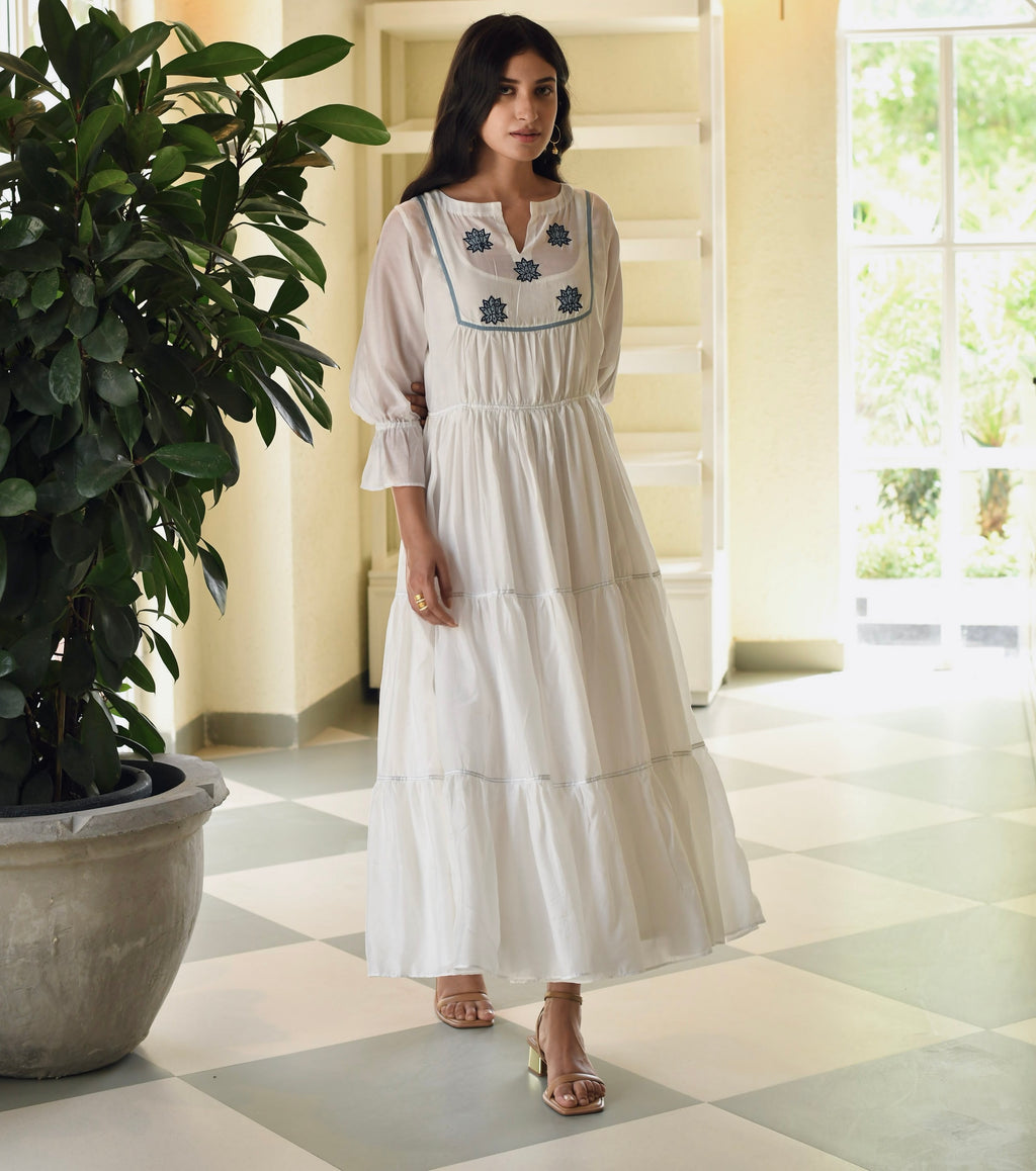 Blue Silk Embroidered Tiered Dress at Kamakhyaa by Taro. This item is Best Selling, Dusk To Dawn, Embroidered, Evening Wear, FB ADS JUNE, For Anniversary, July Sale, July Sale 2023, Modal silk, Natural, Regular Fit, Silk, Tiered Dresses, Womenswear