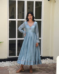 Blue Silk Maxi Dress at Kamakhyaa by Taro. This item is Blue, Dusk To Dawn, Embroidered, Evening Wear, July Sale, July Sale 2023, Maxi Dresses, Modal silk, Natural, Regular Fit, Silk, Womenswear