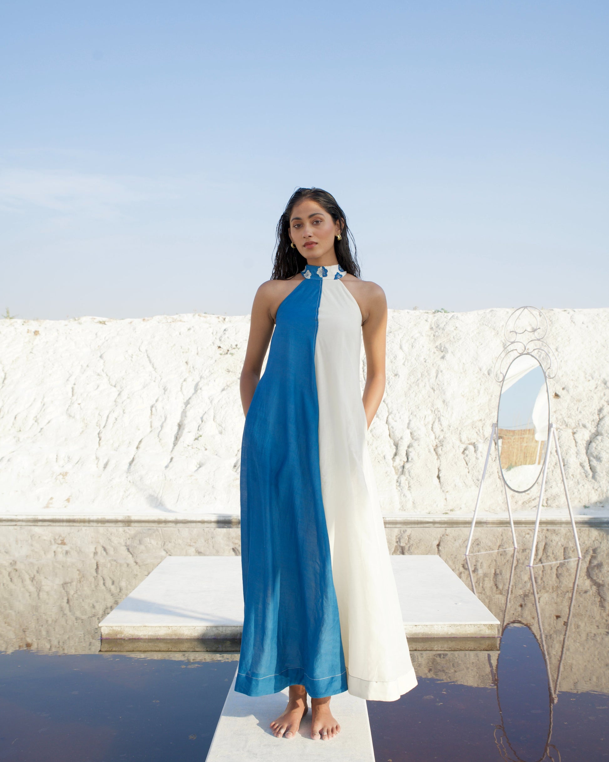 Blue Silk Maxi Dress at Kamakhyaa by The Loom Art. This item is Aurora SS24, Best Selling, Blue, Casual Wear, Chanderi Silk, FB ADS JUNE, For Daughter, Halter Neck Dresses, July Sale, July Sale 2023, Maxi Dresses, Ombre & Dyes, Organic, Relaxed Fit, Solid Selfmade, Womenswear