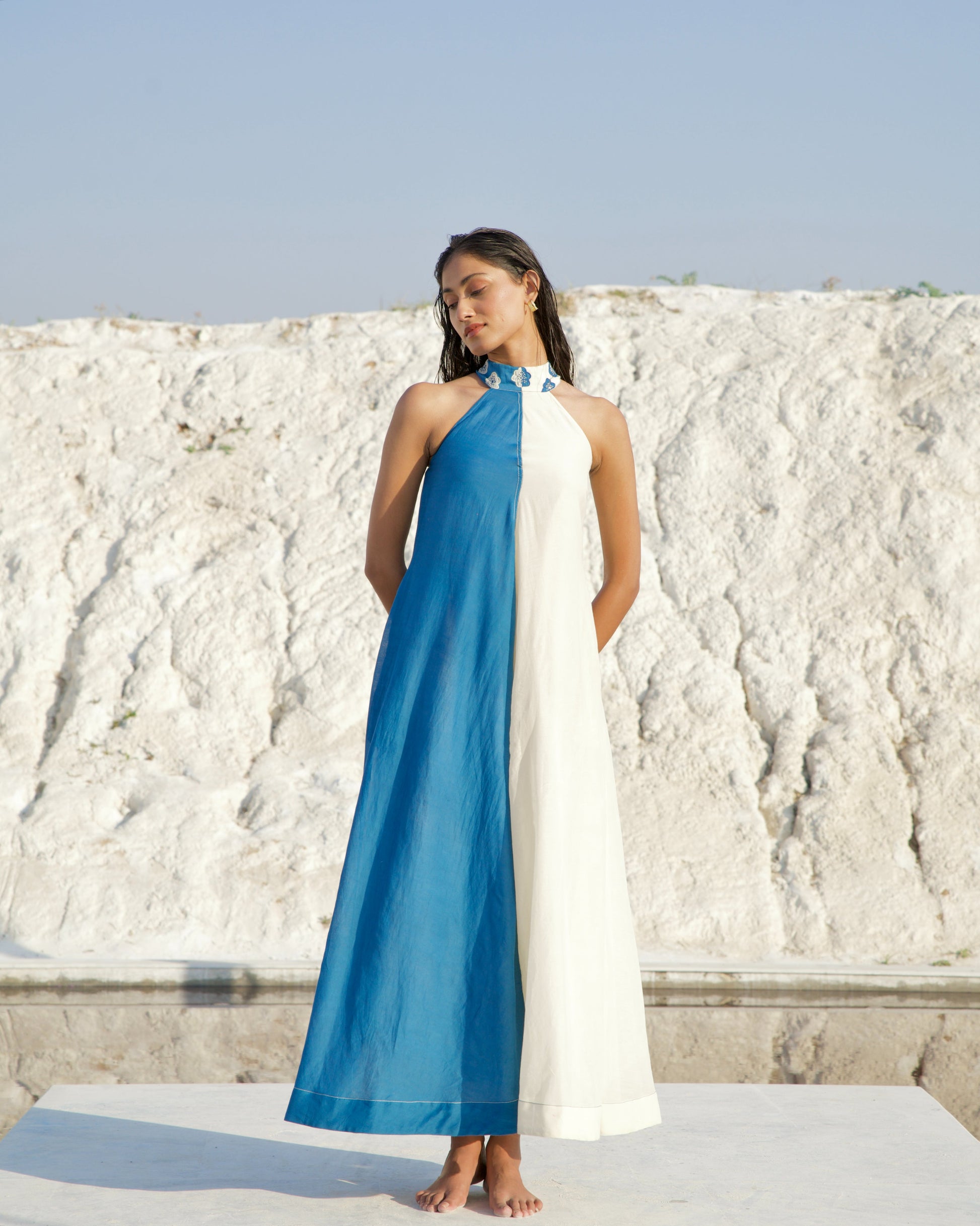 Blue Silk Maxi Dress at Kamakhyaa by The Loom Art. This item is Aurora SS24, Best Selling, Blue, Casual Wear, Chanderi Silk, FB ADS JUNE, For Daughter, Halter Neck Dresses, July Sale, July Sale 2023, Maxi Dresses, Ombre & Dyes, Organic, Relaxed Fit, Solid Selfmade, Womenswear
