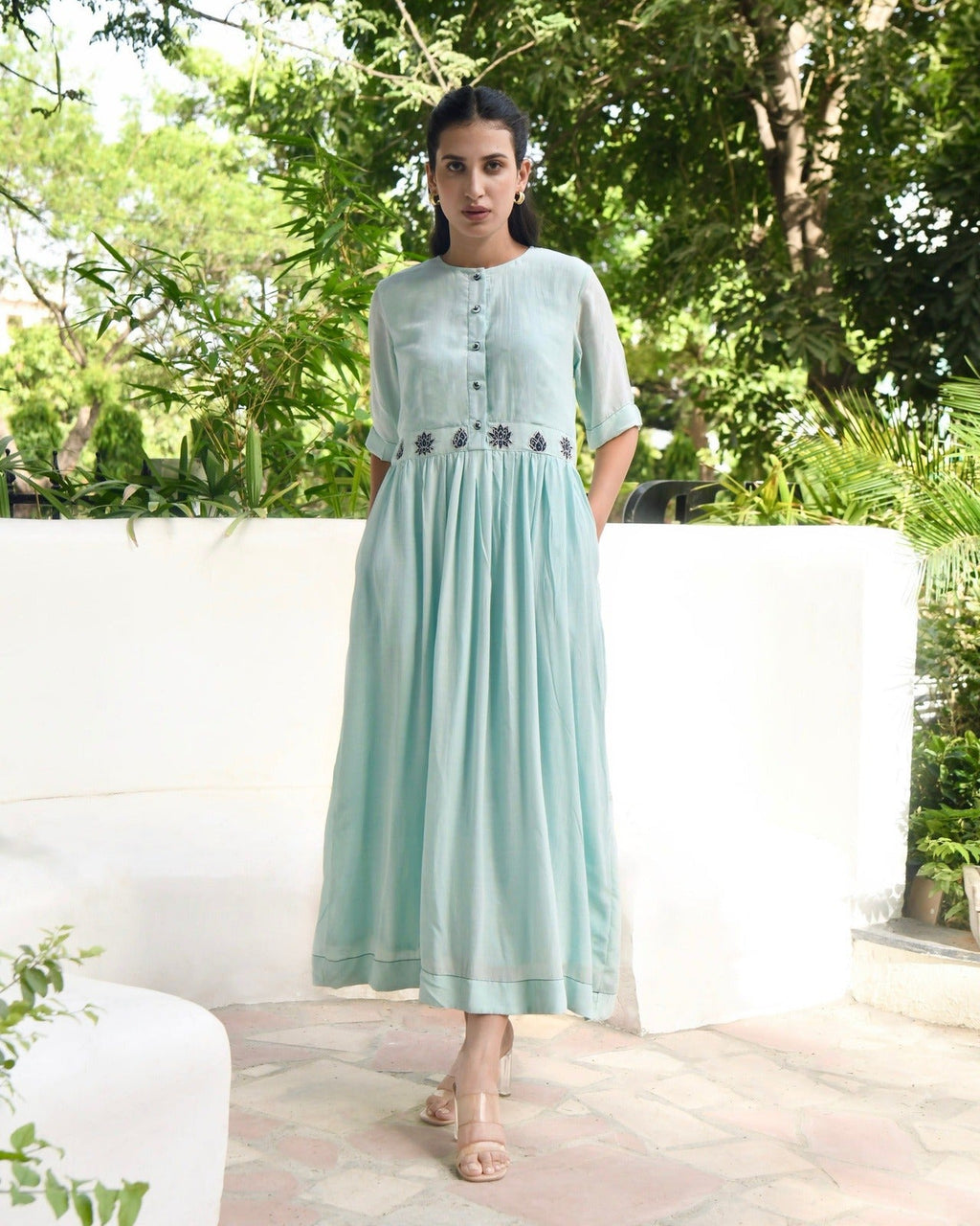 Blue Silk Maxi Dress at Kamakhyaa by Taro. This item is Bangalore Silk, Blue, Dusk To Dawn, Embroidered, Evening Wear, Indo-Western, July Sale, July Sale 2023, Midi Dresses, Natural, Regular Fit, Womenswear