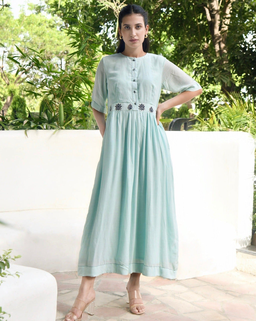 Blue Silk Maxi Dress at Kamakhyaa by Taro. This item is Bangalore Silk, Blue, Dusk To Dawn, Embroidered, Evening Wear, Indo-Western, July Sale, July Sale 2023, Midi Dresses, Natural, Regular Fit, Womenswear