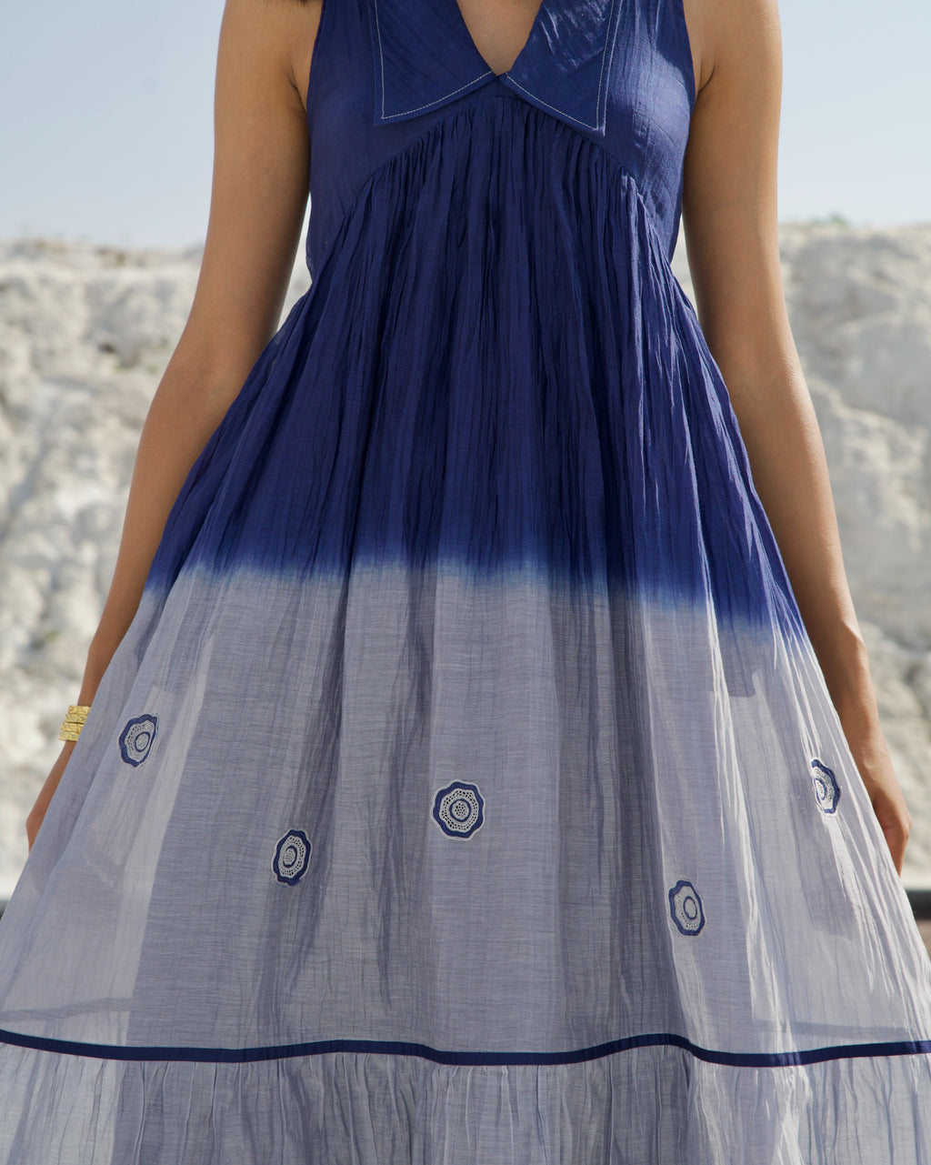 Blue Silk Midi Dress at Kamakhyaa by The Loom Art. This item is Aurora SS24, Best Selling, Blue, Casual Wear, Chanderi Silk, FB ADS JUNE, July Sale, July Sale 2023, Midi Dresses, Ombre & Dyes, Organic, Regular Fit, Sleeveless Dresses, Tiered Dresses, Womenswear
