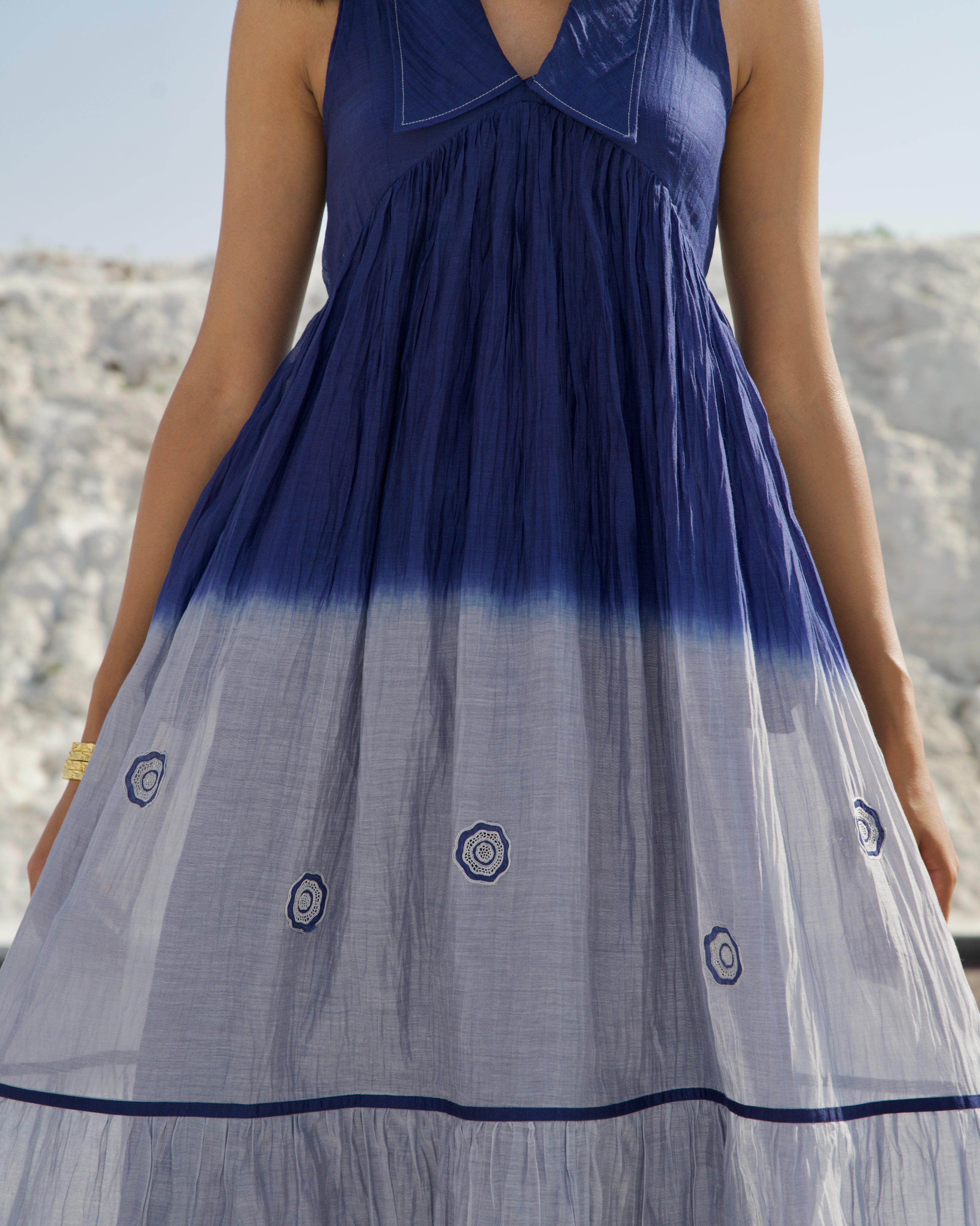 Blue Silk Midi Dress at Kamakhyaa by The Loom Art. This item is Aurora SS24, Best Selling, Blue, Casual Wear, Chanderi Silk, FB ADS JUNE, July Sale, July Sale 2023, Midi Dresses, Ombre & Dyes, Organic, Regular Fit, Sleeveless Dresses, Tiered Dresses, Womenswear