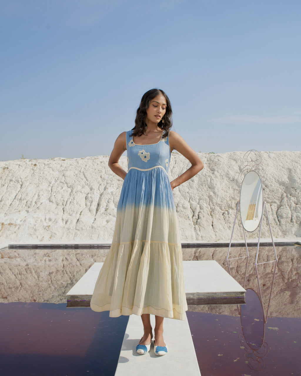 Blue Silk Midi Dress at Kamakhyaa by The Loom Art. This item is Aurora SS24, Best Selling, Blue, Casual Wear, Chanderi Silk, FB ADS JUNE, July Sale, July Sale 2023, Midi Dresses, Office, Office Wear, Ombre & Dyes, Organic, Regular Fit, Sleeveless Dresses, Womenswear