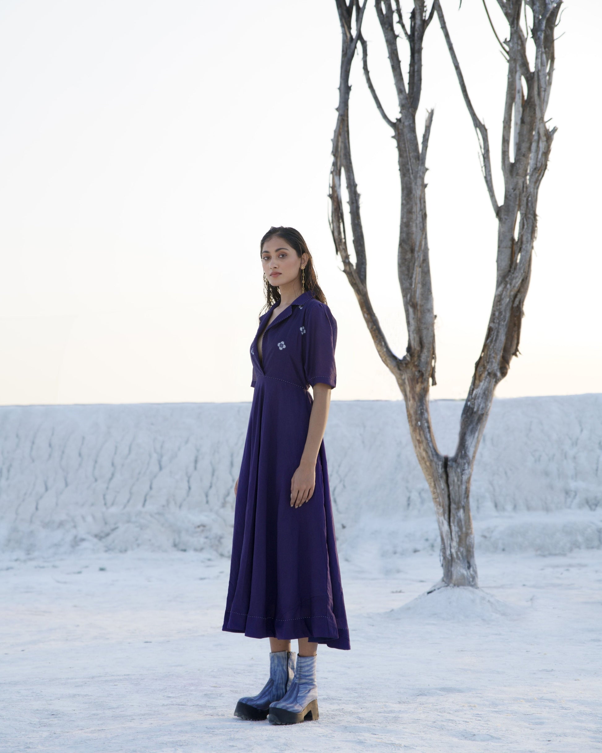 Blue Silk Midi Dress at Kamakhyaa by The Loom Art. This item is Aurora SS24, Blue, Casual Wear, Chanderi Silk, Embroidered, July Sale, July Sale 2023, Midi Dresses, Ombre & Dyes, Organic, Regular Fit, Solids, Womenswear
