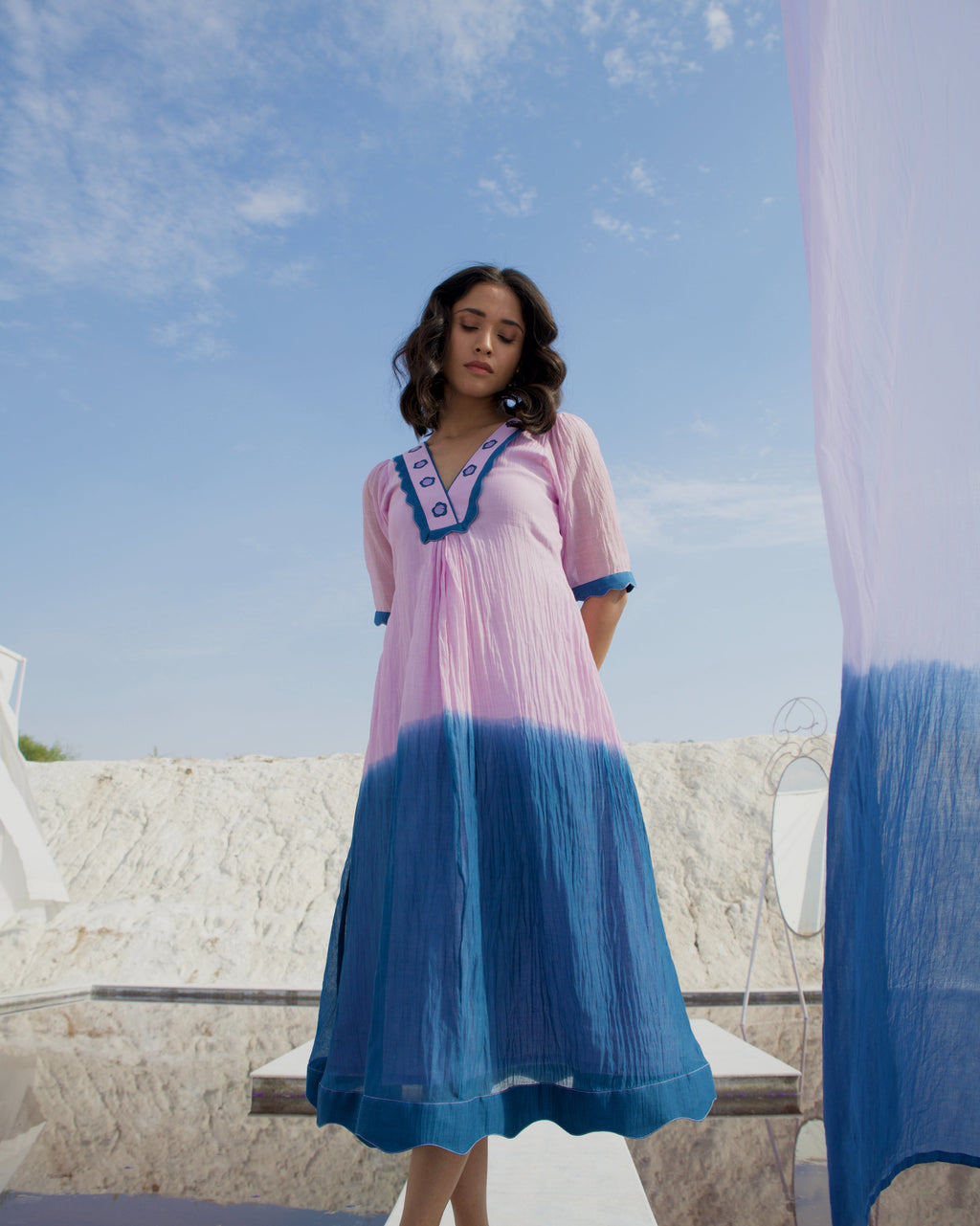 Blue Silk Midi Dress at Kamakhyaa by The Loom Art. This item is Aurora SS24, Best Selling, Blue, Casual Wear, Chanderi Silk, FB ADS JUNE, July Sale, July Sale 2023, Midi Dresses, Ombre & Dyes, Organic, Relaxed Fit, Womenswear