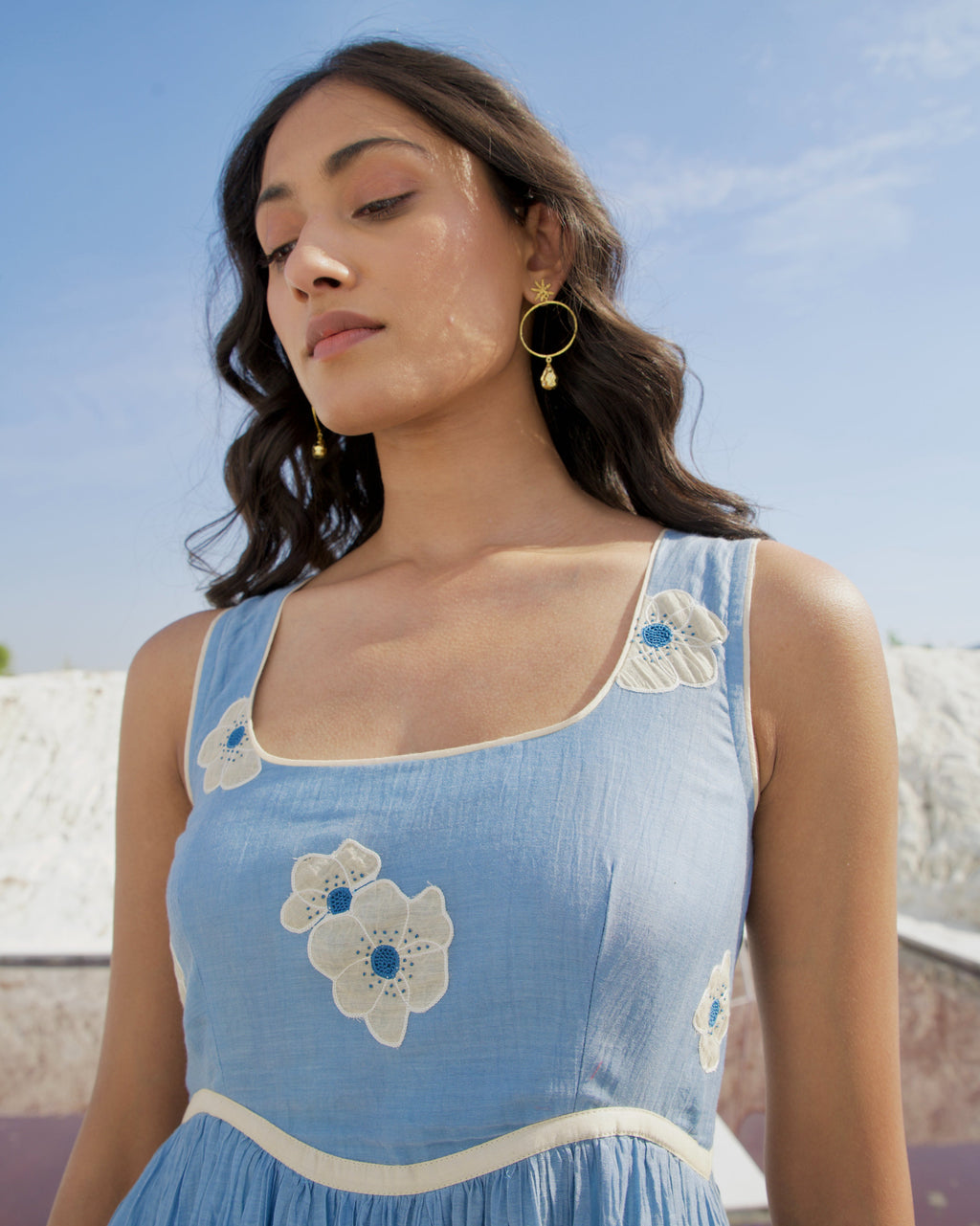 Blue Silk Midi Dress at Kamakhyaa by The Loom Art. This item is Aurora SS24, Best Selling, Blue, Casual Wear, Chanderi Silk, FB ADS JUNE, July Sale, July Sale 2023, Midi Dresses, Office, Office Wear, Ombre & Dyes, Organic, Regular Fit, Sleeveless Dresses, Womenswear