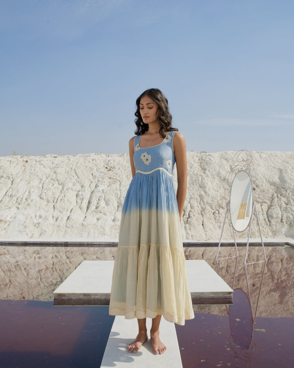 Blue Silk Midi Dress at Kamakhyaa by The Loom Art. This item is Aurora SS24, Best Selling, Blue, Casual Wear, Chanderi Silk, FB ADS JUNE, July Sale, July Sale 2023, Midi Dresses, Office, Office Wear, Ombre & Dyes, Organic, Regular Fit, Sleeveless Dresses, Womenswear