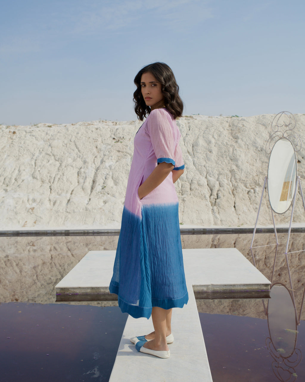 Blue Silk Midi Dress at Kamakhyaa by The Loom Art. This item is Aurora SS24, Best Selling, Blue, Casual Wear, Chanderi Silk, FB ADS JUNE, July Sale, July Sale 2023, Midi Dresses, Ombre & Dyes, Organic, Relaxed Fit, Womenswear