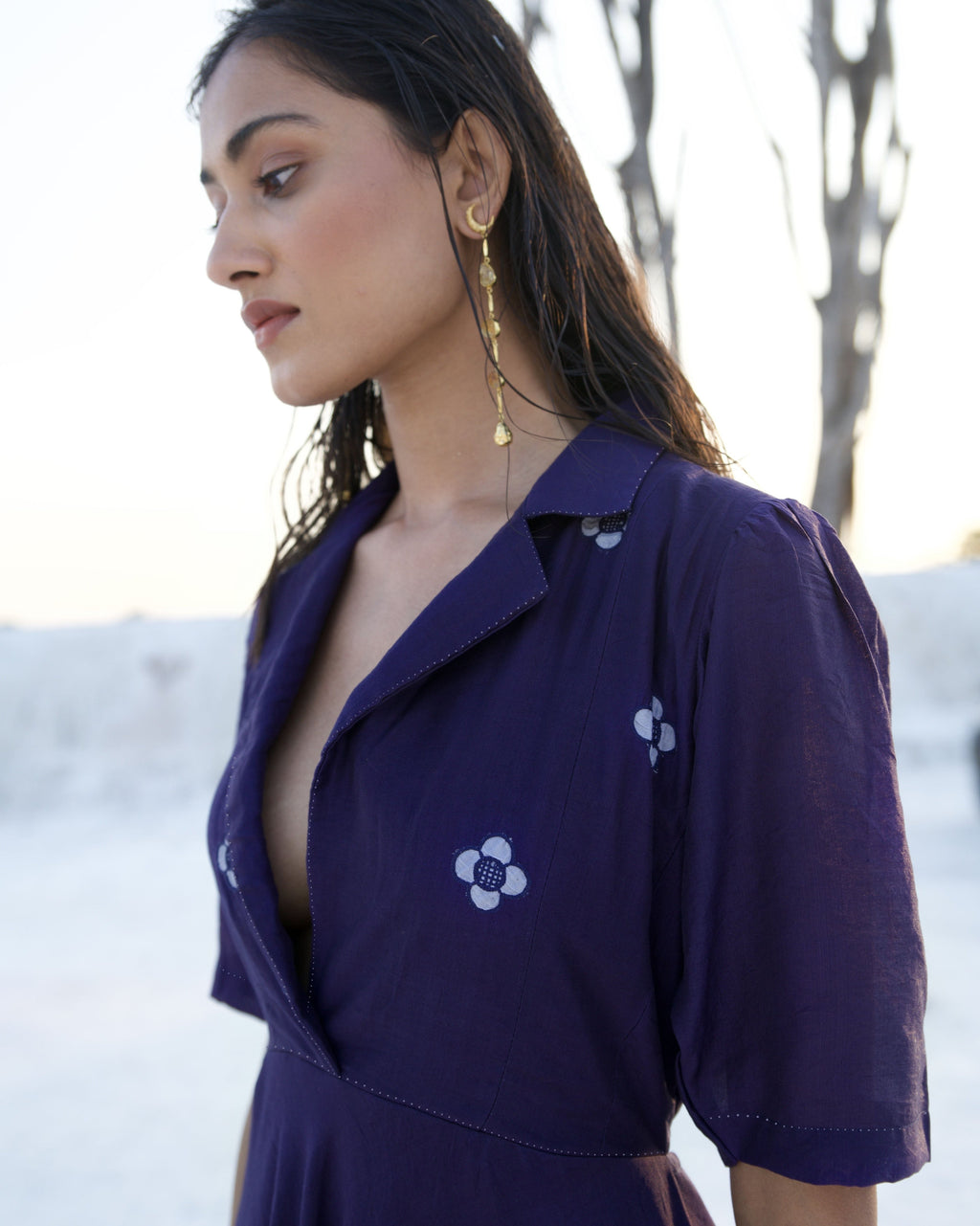 Blue Silk Midi Dress at Kamakhyaa by The Loom Art. This item is Aurora SS24, Blue, Casual Wear, Chanderi Silk, Embroidered, July Sale, July Sale 2023, Midi Dresses, Ombre & Dyes, Organic, Regular Fit, Solids, Womenswear