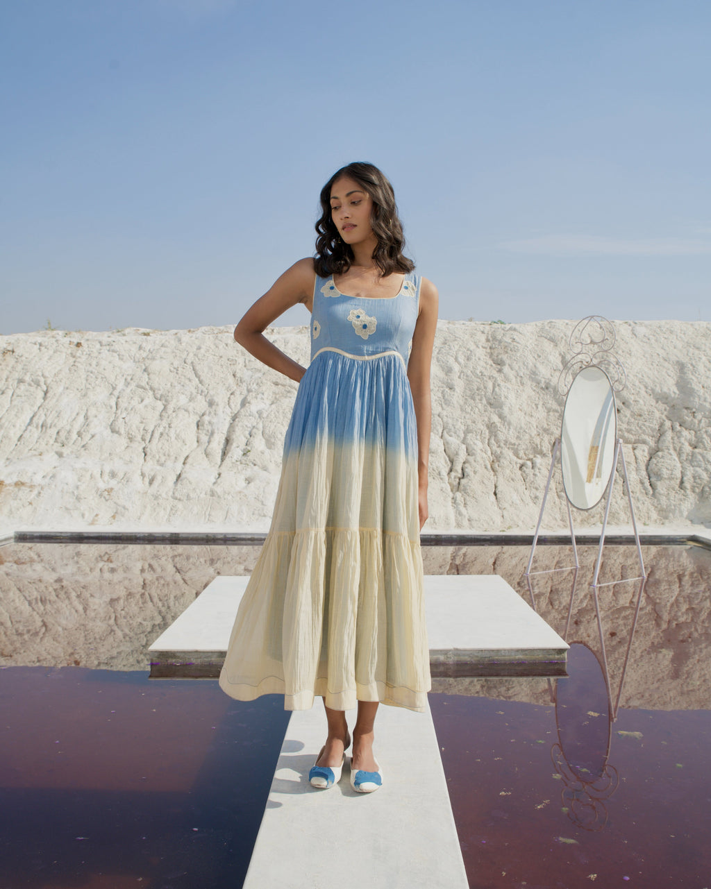 Blue Silk Midi Dress at Kamakhyaa by The Loom Art. This item is Aurora SS24, Best Selling, Blue, Casual Wear, Chanderi Silk, FB ADS JUNE, July Sale, July Sale 2023, Midi Dresses, Office, Office Wear, Ombre & Dyes, Organic, Regular Fit, Sleeveless Dresses, Womenswear