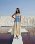 Blue Silk Midi Dress at Kamakhyaa by The Loom Art. This item is Aurora SS24, Best Selling, Blue, Casual Wear, Chanderi Silk, FB ADS JUNE, July Sale, July Sale 2023, Midi Dresses, Office, Office Wear, Ombre & Dyes, Organic, Regular Fit, Sleeveless Dresses, Womenswear