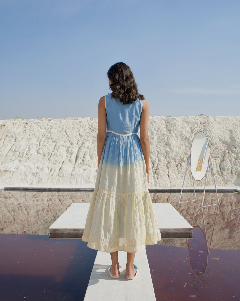 Blue Silk Midi Dress at Kamakhyaa by The Loom Art. This item is Aurora SS24, Best Selling, Blue, Casual Wear, Chanderi Silk, FB ADS JUNE, July Sale, July Sale 2023, Midi Dresses, Office, Office Wear, Ombre & Dyes, Organic, Regular Fit, Sleeveless Dresses, Womenswear