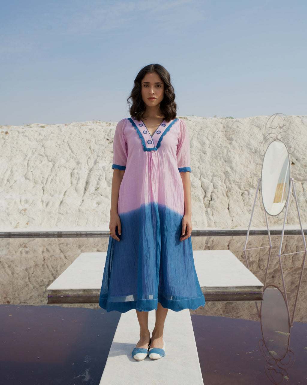 Blue Silk Midi Dress at Kamakhyaa by The Loom Art. This item is Aurora SS24, Best Selling, Blue, Casual Wear, Chanderi Silk, FB ADS JUNE, July Sale, July Sale 2023, Midi Dresses, Ombre & Dyes, Organic, Relaxed Fit, Womenswear