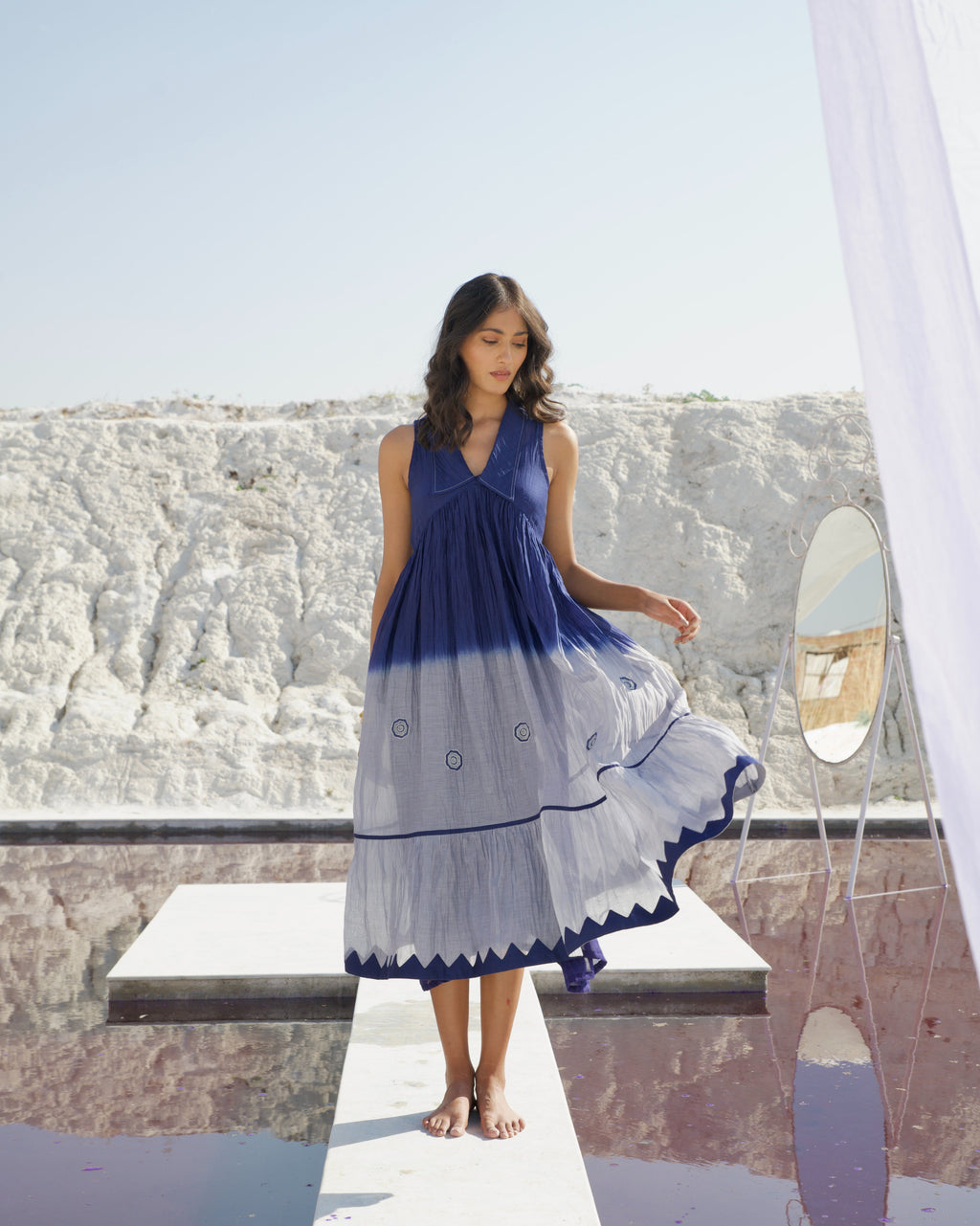 Blue Silk Midi Dress at Kamakhyaa by The Loom Art. This item is Aurora SS24, Best Selling, Blue, Casual Wear, Chanderi Silk, FB ADS JUNE, July Sale, July Sale 2023, Midi Dresses, Ombre & Dyes, Organic, Regular Fit, Sleeveless Dresses, Tiered Dresses, Womenswear