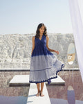 Blue Silk Midi Dress at Kamakhyaa by The Loom Art. This item is Aurora SS24, Best Selling, Blue, Casual Wear, Chanderi Silk, FB ADS JUNE, July Sale, July Sale 2023, Midi Dresses, Ombre & Dyes, Organic, Regular Fit, Sleeveless Dresses, Tiered Dresses, Womenswear