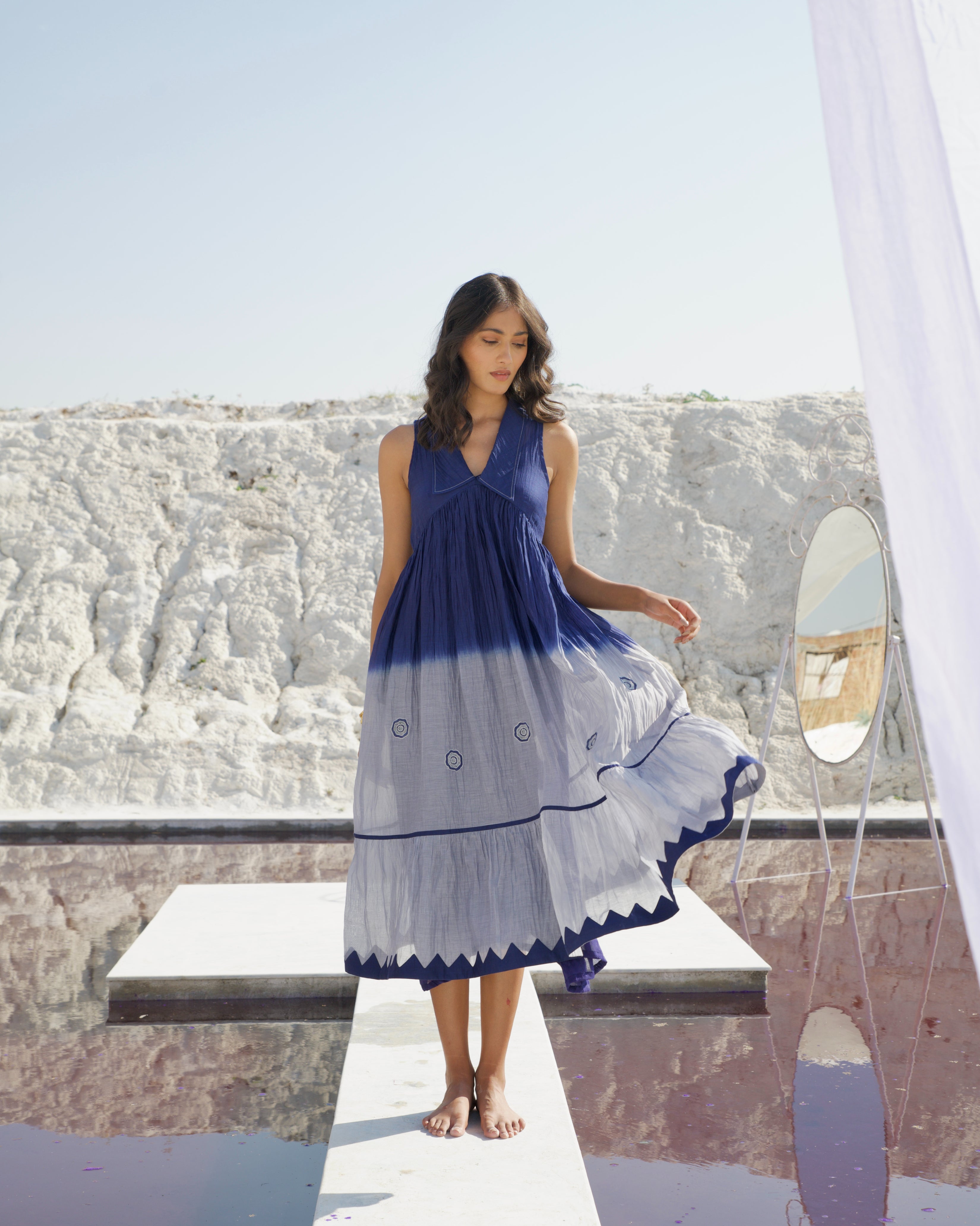 Blue Silk Midi Dress at Kamakhyaa by The Loom Art. This item is Aurora SS24, Best Selling, Blue, Casual Wear, Chanderi Silk, FB ADS JUNE, July Sale, July Sale 2023, Midi Dresses, Ombre & Dyes, Organic, Regular Fit, Sleeveless Dresses, Tiered Dresses, Womenswear